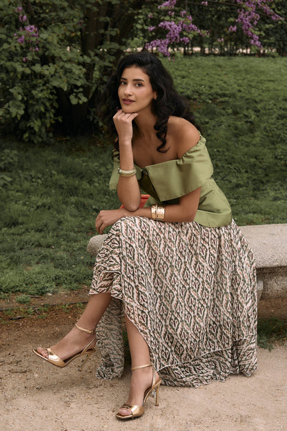 Top verde invitada escote Bardot | García de la Serrana