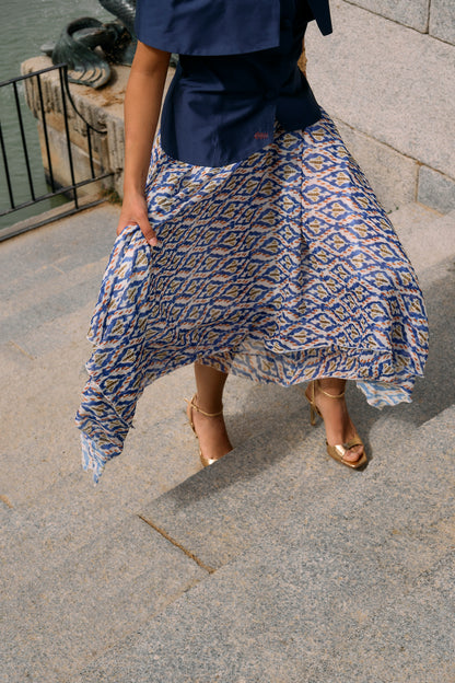 Falda midi estampada azul invitada mujer elegante | Falda Camelia